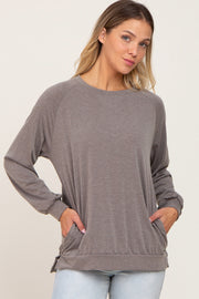 Taupe Hi-Low Side Slit Long Sleeve Top