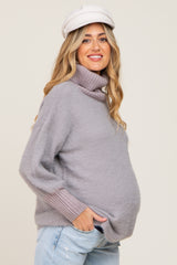 Grey Fuzzy Knit Turtleneck Maternity Sweater