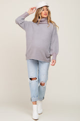 Grey Fuzzy Knit Turtleneck Maternity Sweater