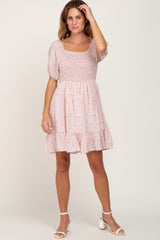 Light Pink Floral Smocked Puff Sleeve Dress