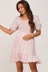 Light Pink Floral Smocked Puff Sleeve Maternity Dress