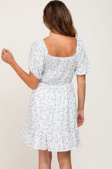 Blue Floral Smocked Puff Sleeve Dress