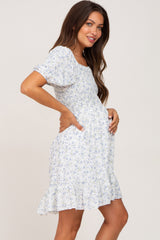 Blue Floral Smocked Puff Sleeve Maternity Dress