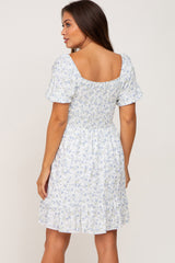 Blue Floral Smocked Puff Sleeve Maternity Dress