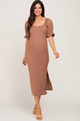 Mocha Ribbed Puff Sleeve Side Slit Maternity Midi Dress