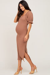 Mocha Ribbed Puff Sleeve Side Slit Maternity Midi Dress