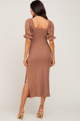 Mocha Ribbed Puff Sleeve Side Slit Maternity Midi Dress