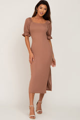 Mocha Ribbed Puff Sleeve Side Slit Maternity Midi Dress