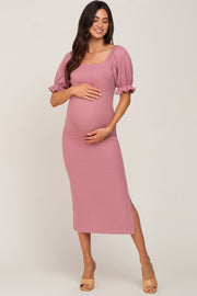 Mauve Ribbed Puff Sleeve Side Slit Maternity Midi Dress