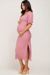 Mauve Ribbed Puff Sleeve Side Slit Maternity Midi Dress