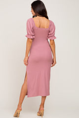 Mauve Ribbed Puff Sleeve Side Slit Maternity Midi Dress