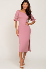 Mauve Ribbed Puff Sleeve Side Slit Maternity Midi Dress