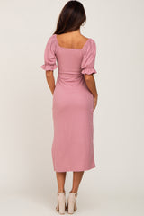 Mauve Ribbed Puff Sleeve Side Slit Midi Dress