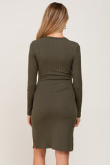 Olive Ribbed Basic Long Sleeve Maternity Dress