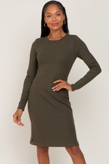 Olive Ribbed Basic Long Sleeve Maternity Dress