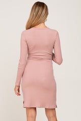 Pink Ribbed Basic Long Sleeve Maternity Dress