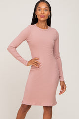 Pink Ribbed Basic Long Sleeve Dress