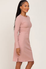 Pink Ribbed Basic Long Sleeve Dress