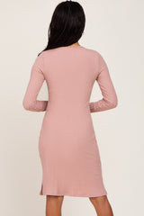 Pink Ribbed Basic Long Sleeve Dress