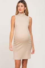 Beige Ribbed Sleeveless Turtleneck Maternity Dress