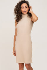 Beige Ribbed Sleeveless Turtleneck Maternity Dress