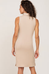 Beige Ribbed Sleeveless Turtleneck Dress