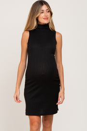 Black Ribbed Sleeveless Turtleneck Maternity Dress