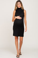 Black Ribbed Sleeveless Turtleneck Maternity Dress