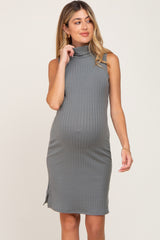 Grey Ribbed Sleeveless Turtleneck Maternity Dress