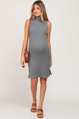 Grey Ribbed Sleeveless Turtleneck Maternity Dress