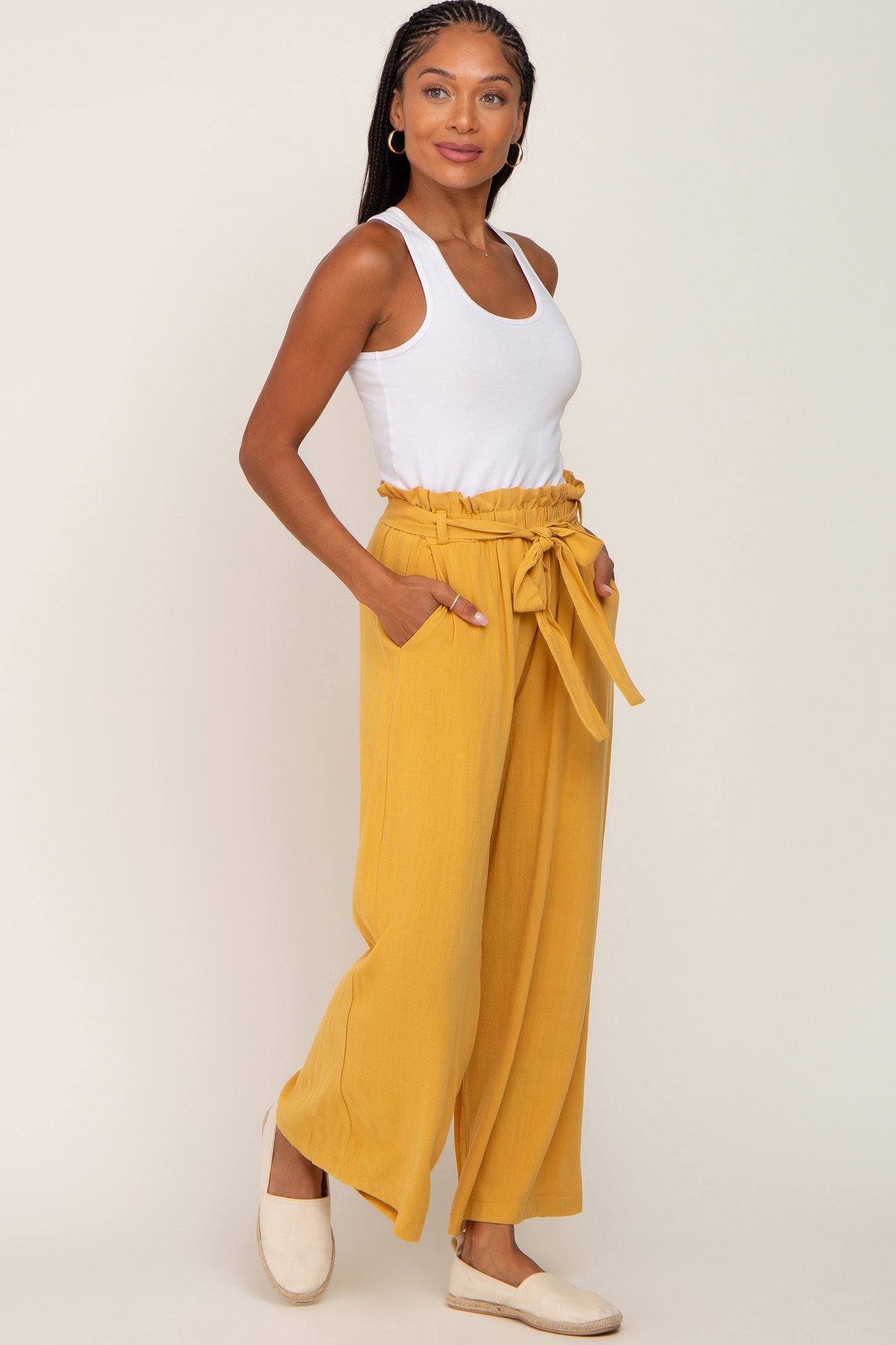 Buy FEMELLA Lemon Yellow Paperbag Pants Yellow 100 Rayon Regular Maxi  Solid Button Detail Pants at Amazonin