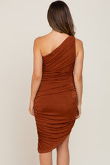 Rust One Shoulder Ruched Asymmetrical Maternity Midi Dress