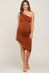 Rust One Shoulder Ruched Asymmetrical Maternity Midi Dress