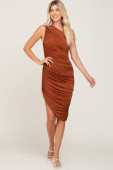 Rust One Shoulder Ruched Asymmetrical Maternity Midi Dress