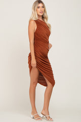 Rust One Shoulder Ruched Asymmetrical Midi Dress