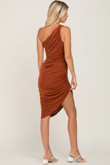 Rust One Shoulder Ruched Asymmetrical Midi Dress