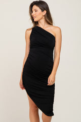 Black One Shoulder Ruched Asymmetrical Maternity Midi Dress