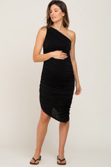 Black One Shoulder Ruched Asymmetrical Maternity Midi Dress