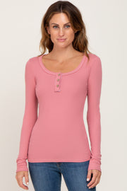 Pink Ribbed Button Front Long Sleeve Top