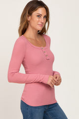 Pink Ribbed Button Front Long Sleeve Top