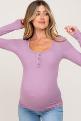 Lavender Ribbed Button Front Long Sleeve Maternity Top