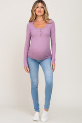 Lavender Ribbed Button Front Long Sleeve Maternity Top