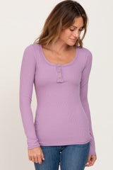 Lavender Ribbed Button Front Long Sleeve Maternity Top