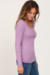 Lavender Ribbed Button Front Long Sleeve Top