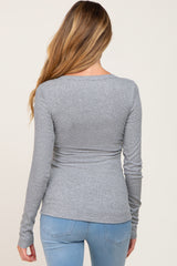 Heather Grey Ribbed Button Front Long Sleeve Maternity Top