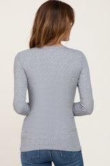 Heather Grey Ribbed Button Front Long Sleeve Top