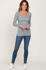 Heather Grey Ribbed Button Front Long Sleeve Top