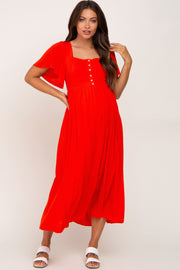 Red Button Front Maternity Midi Dress