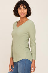 Sage Ribbed V-Neck Long Sleeve Top