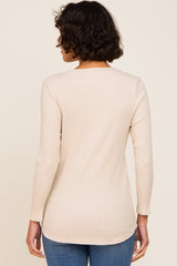 Beige Ribbed V-Neck Long Sleeve Top